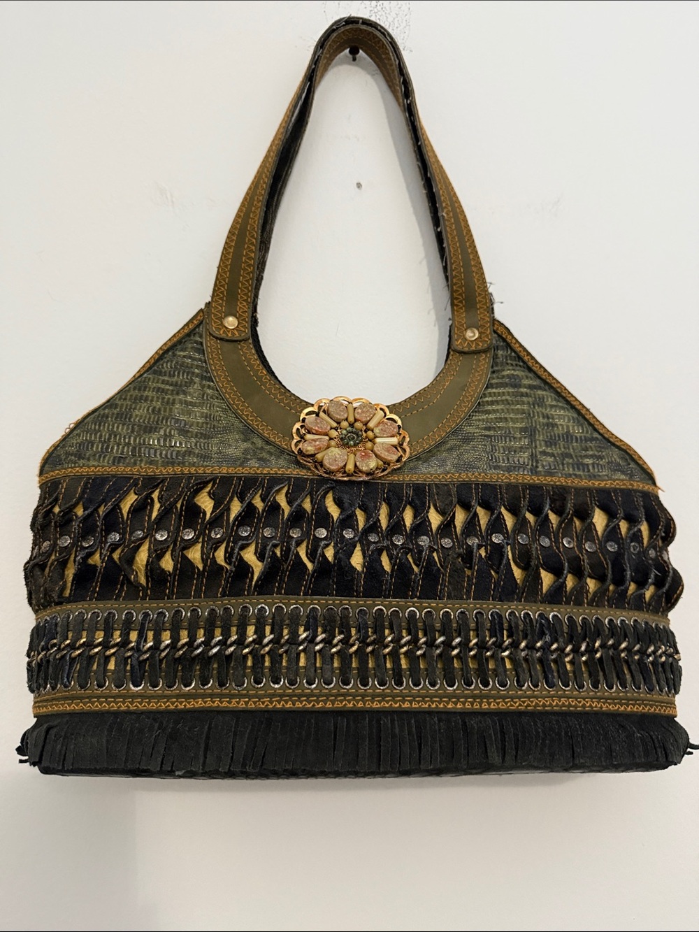 Black & Olive Green Fringe Detail Women's Boho Shoulder Bag Lightweight Vintage